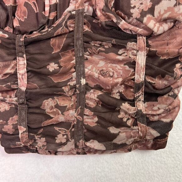 Dylan Ryan Blouse Top Women M Brown Ruched Bustier Sheer Floral Fairy - Picture 8 of 14